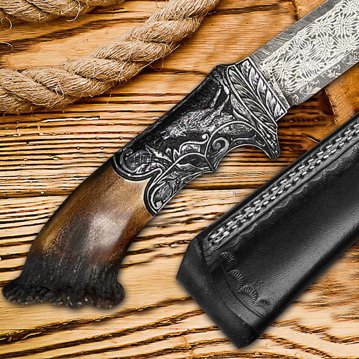 unique knife Custom skinner knife crown & Damascus Blade &Aching&Engraving 