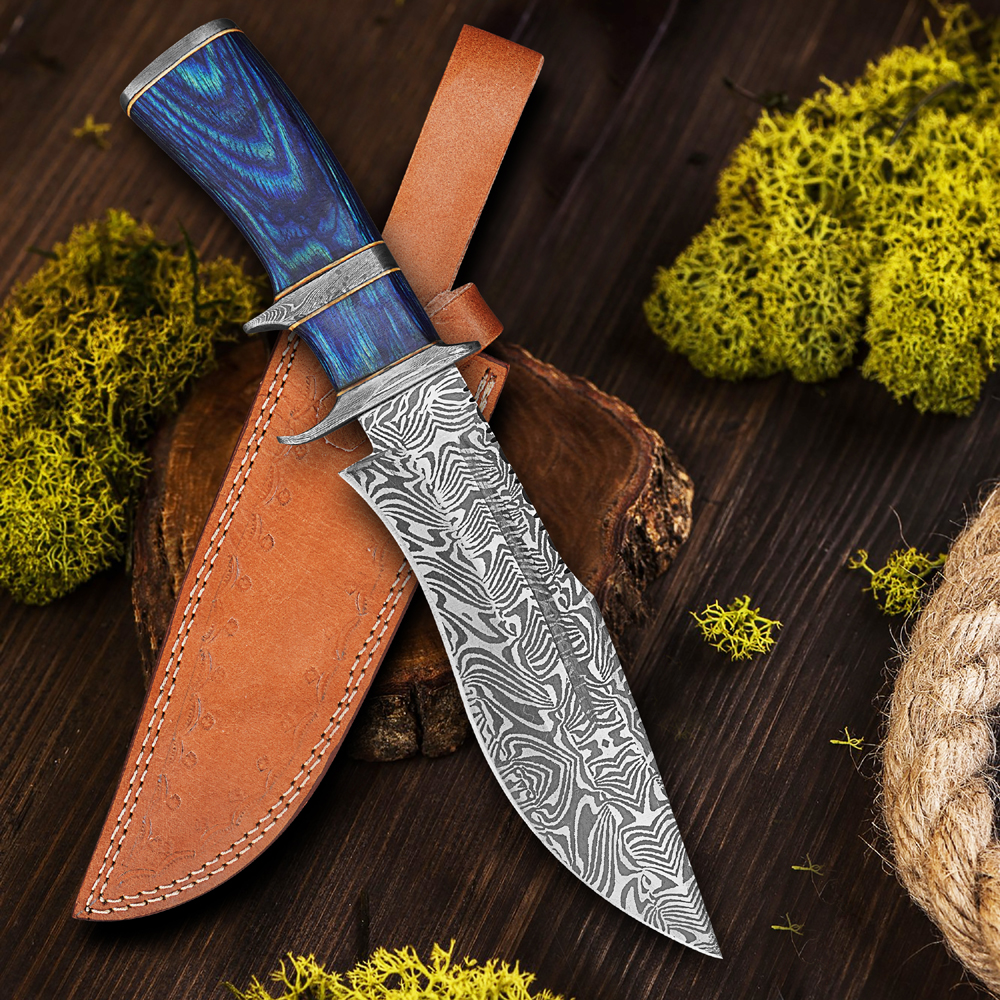 Nooraki - 15″ Damascus Bowie Knife with Sheath | Hand Made Hunting Knife - Fixed Blade Long Bowie Knives - Ideal for Survival,Chopping, Camping, Outdoor Gift for Men |Tactical Knife Wood Handle / HB-1005