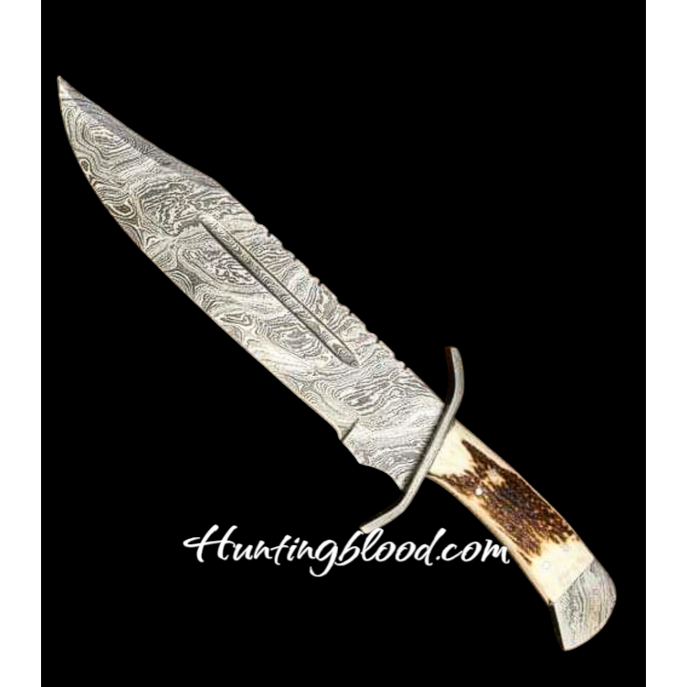  HUNTING BOWIE Handmade Damscus Steel  with CROWN Stag Handle  & Damscus Brass guard -HB1306