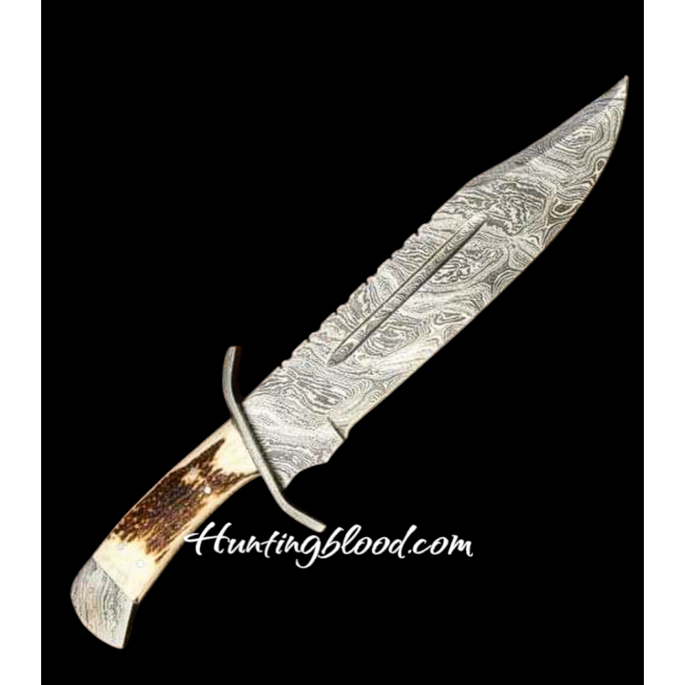  HUNTING BOWIE Handmade Damscus Steel  with CROWN Stag Handle  & Damscus Brass guard -HB1306