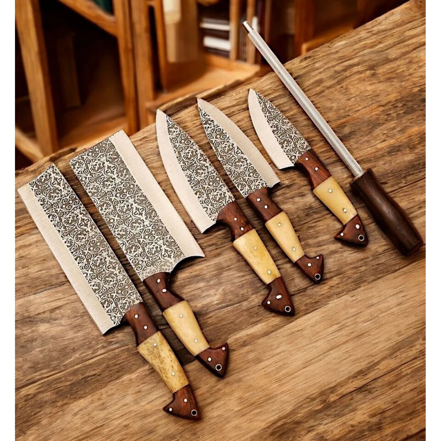 6-Piece Hand-Forged Carbon Steel Chef Knife Set with Engraving Blades and Leather Roll Bag – Premium Kitchen Collection-HB5458