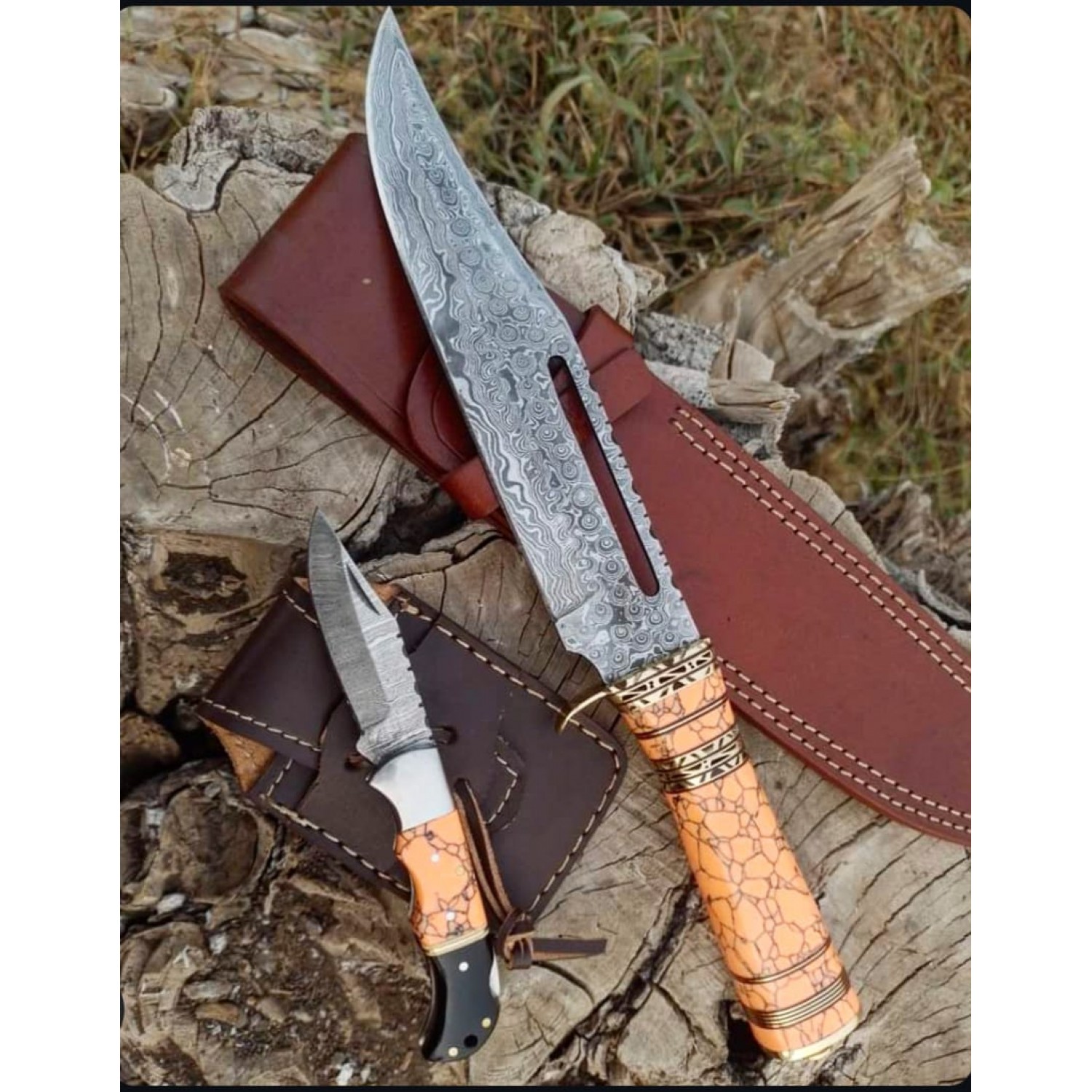  Beautiful Handmade Damascus Steel Hunting Bowie Knife with Pink stone & Brass Handle-HB2021