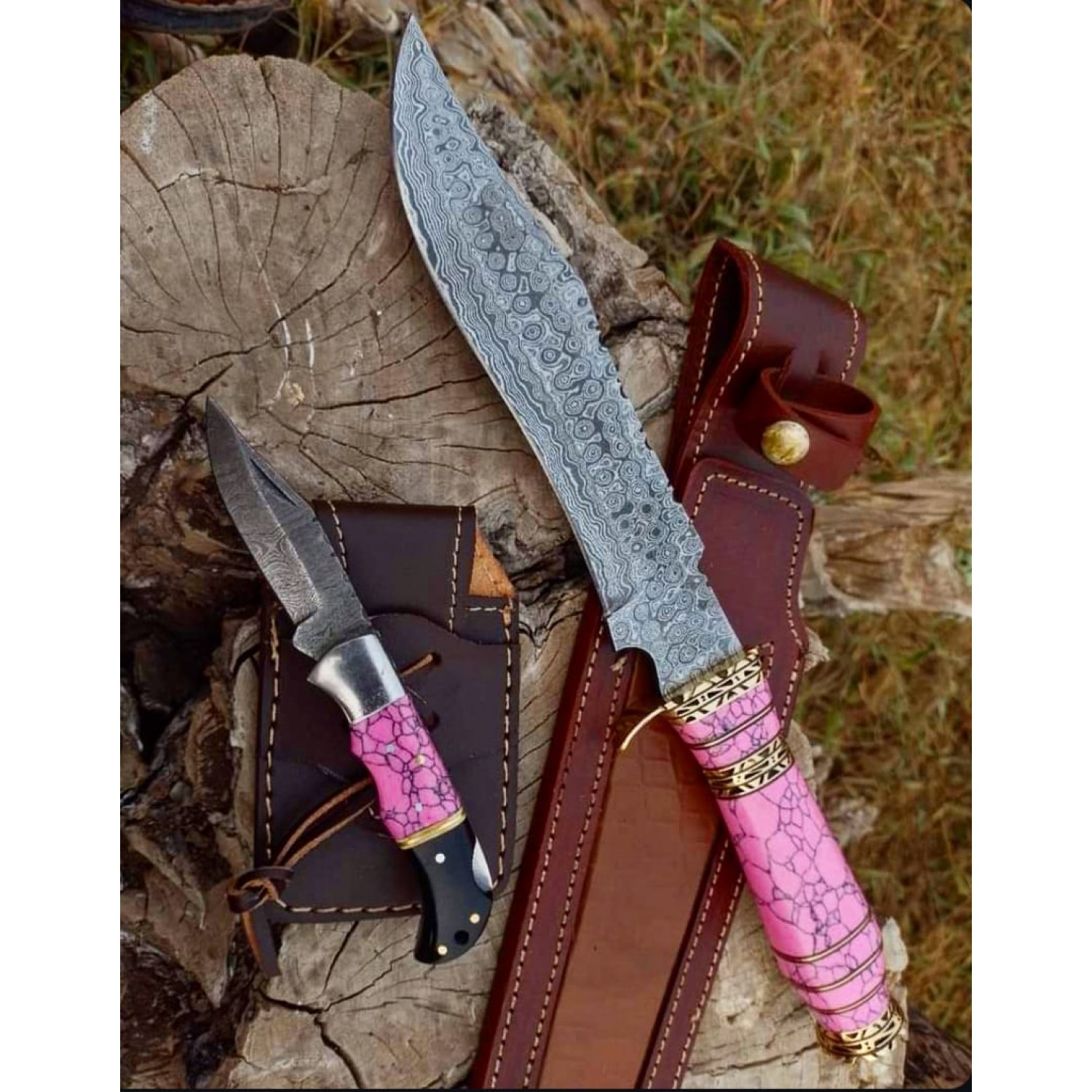 Beautiful Handmade RAIN DROP Steel Hunting Bowie Knife with Pink stone & Brass Handle HB-9600