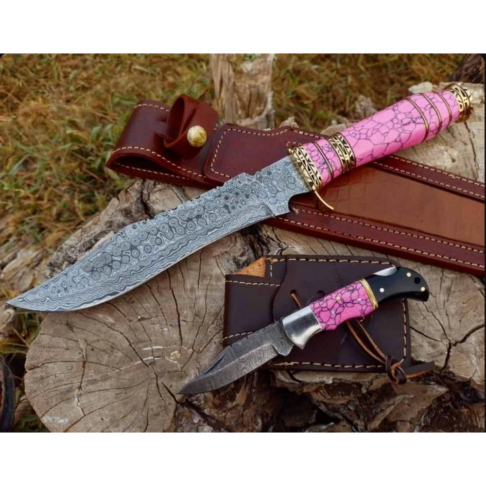 Beautiful Handmade RAIN DROP Steel Hunting Bowie Knife with Pink stone & Brass Handle HB-9600