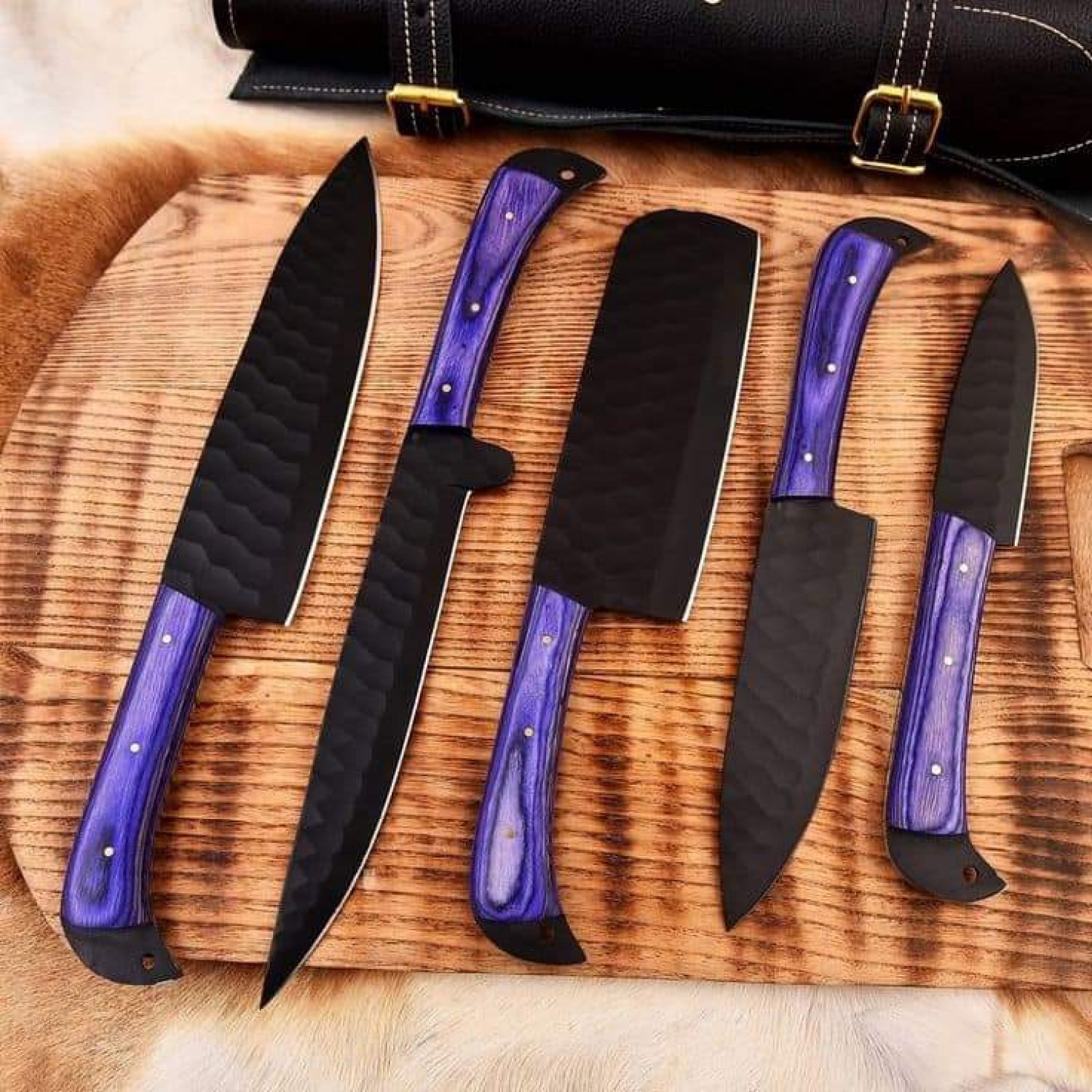 5-Piece Hand-Forged Carbon Steel Chef Knife Set with Black Powder-Coated Blue Handel Blades and Leather Roll Bag – Premium Kitchen Collection-HB1813