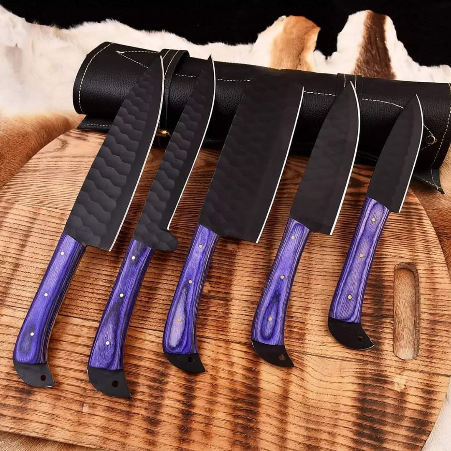 5-Piece Hand-Forged Carbon Steel Chef Knife Set with Black Powder-Coated Blue Handel Blades and Leather Roll Bag – Premium Kitchen Collection-HB1813