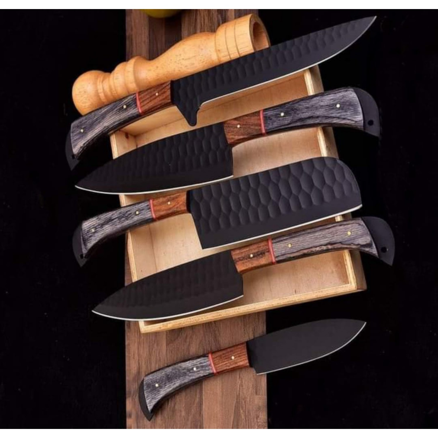 5-Piece Hand-Forged Carbon Steel Chef Knife Set with Black Powder-Coated Blades and Leather Roll Bag – Premium Kitchen Collection-HB1816