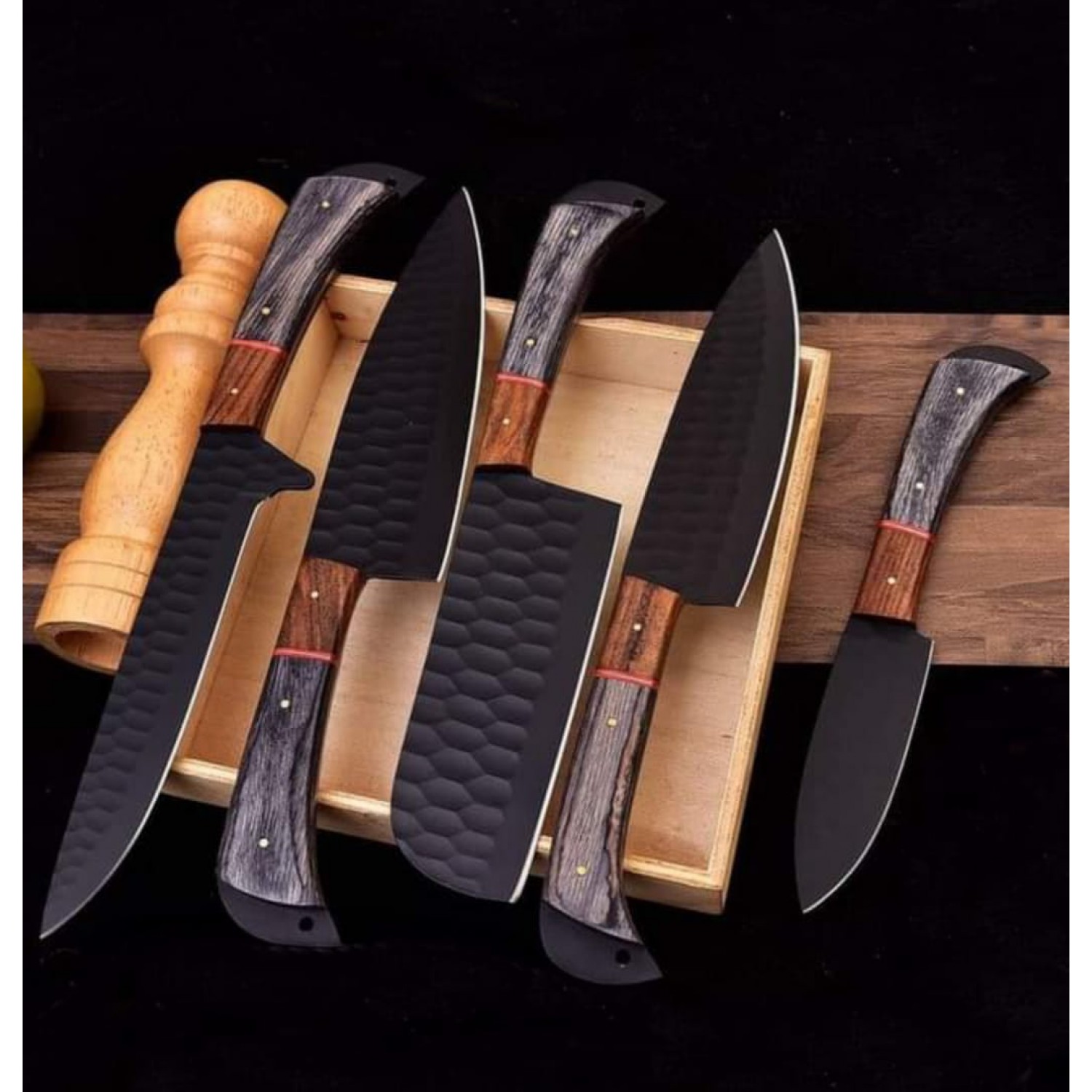 5-Piece Hand-Forged Carbon Steel Chef Knife Set with Black Powder-Coated Blades and Leather Roll Bag – Premium Kitchen Collection-HB1816