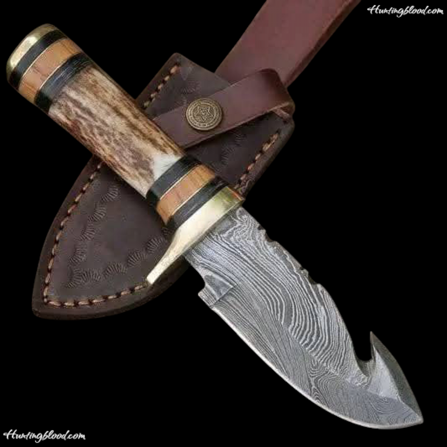 pretty knives   Custom Hand Forged Damascus Steel Full Tang Skinner Knife with Gut Hook - Stag Handle&Dubel Brass Guard HB1209